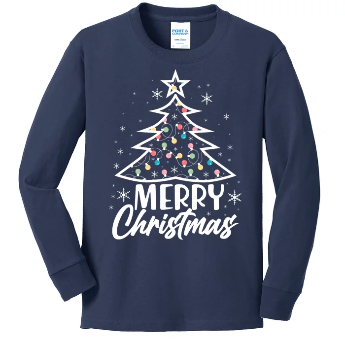 Cute Merry Christmas Tree Outline Kids Long Sleeve Shirt