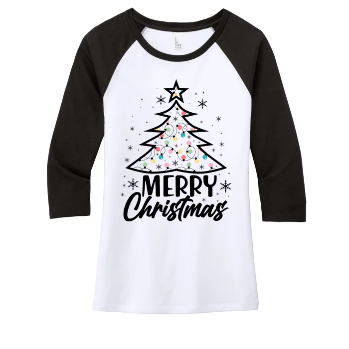 Cute Merry Christmas Tree Outline Women's Tri-Blend 3/4-Sleeve Raglan Shirt