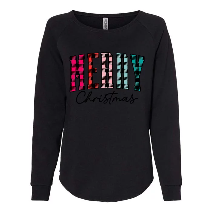 Cool Merry Christmas Multi Color Plaid Womens California Wash Sweatshirt