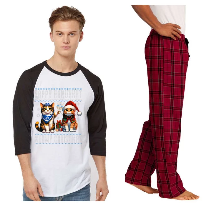 Cat Merry Christmas Happy Hanukkah Jewish Christian Raglan Sleeve Pajama Set