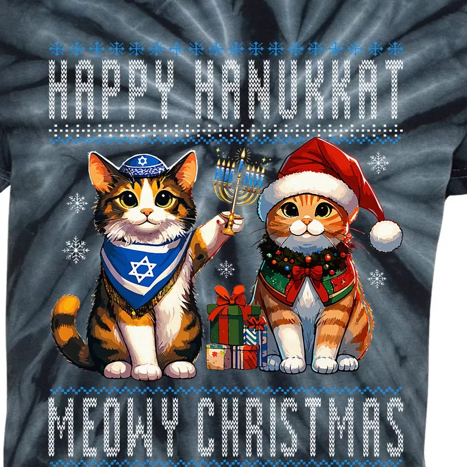 Cat Merry Christmas Happy Hanukkah Jewish Christian Kids Tie-Dye T-Shirt