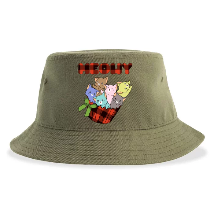 Cat Meowy Checkered Cute Meh Cat Lover Gift Sustainable Bucket Hat