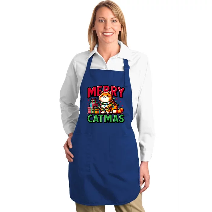 Cat Merry Catmas Christmas Lights Cat Lover Funny Xmas Gift Full-Length Apron With Pocket