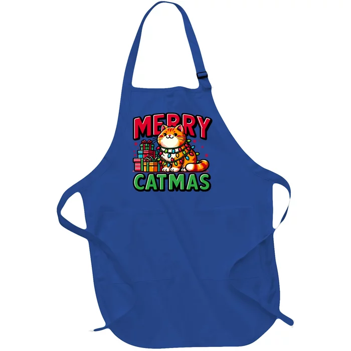 Cat Merry Catmas Christmas Lights Cat Lover Funny Xmas Gift Full-Length Apron With Pocket