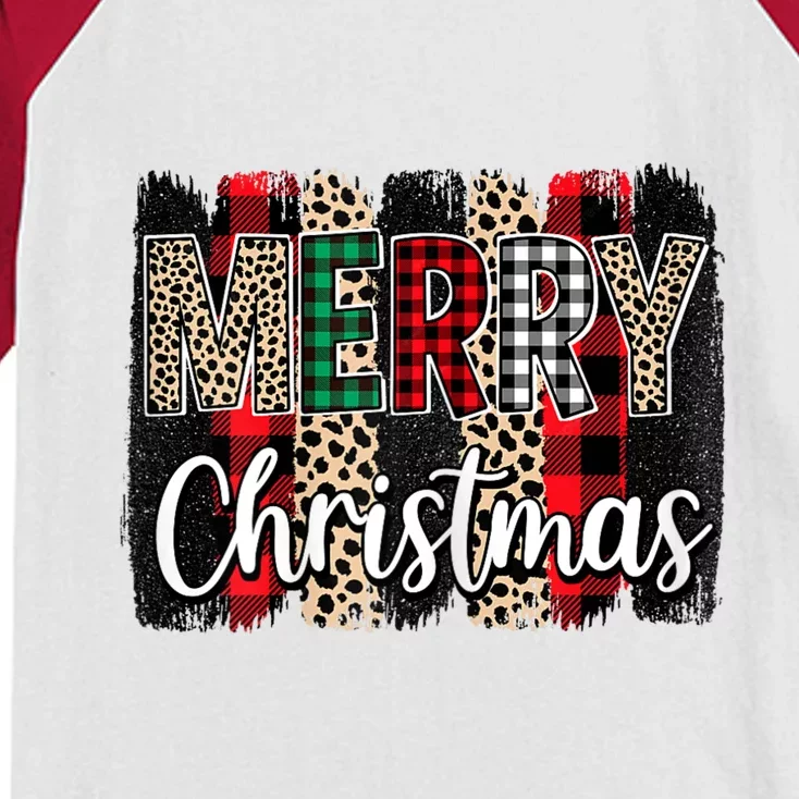 Cute Merry Christmas YAll Leopard Buffalo Plaid Pajama Kids Colorblock Raglan Jersey