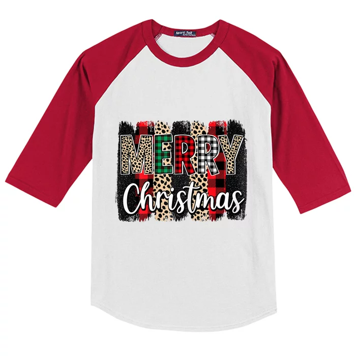 Cute Merry Christmas YAll Leopard Buffalo Plaid Pajama Kids Colorblock Raglan Jersey