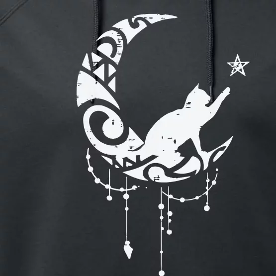 Crescent Moon Cat Star Mystical Celestial Women Girl Performance Fleece Hoodie