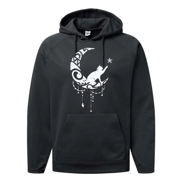 Crescent Moon Cat Star Mystical Celestial Women Girl Performance Fleece Hoodie