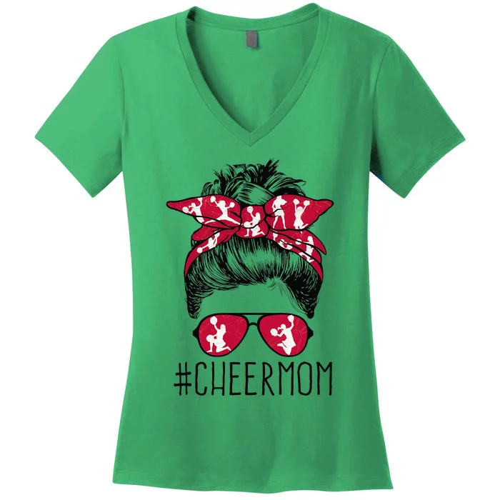 Cheer Mom Cheerleader Mama Life Messy Bun MotherS Day Women's V-Neck T-Shirt