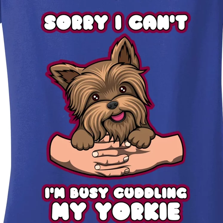 Cuddling My Cute Yorkie Funny Yorkshire Terrier Great Gift Women's V-Neck T-Shirt