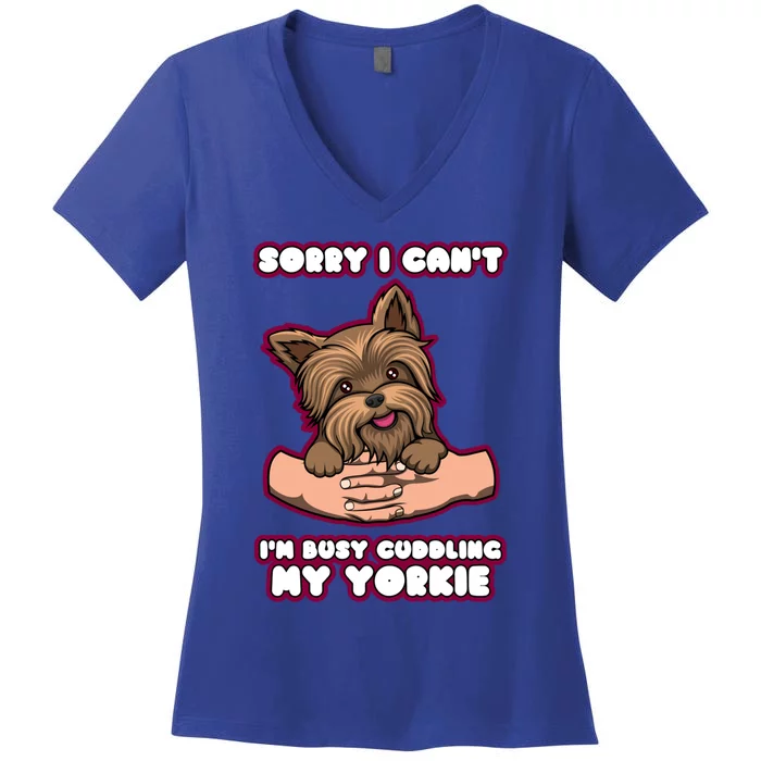 Cuddling My Cute Yorkie Funny Yorkshire Terrier Great Gift Women's V-Neck T-Shirt