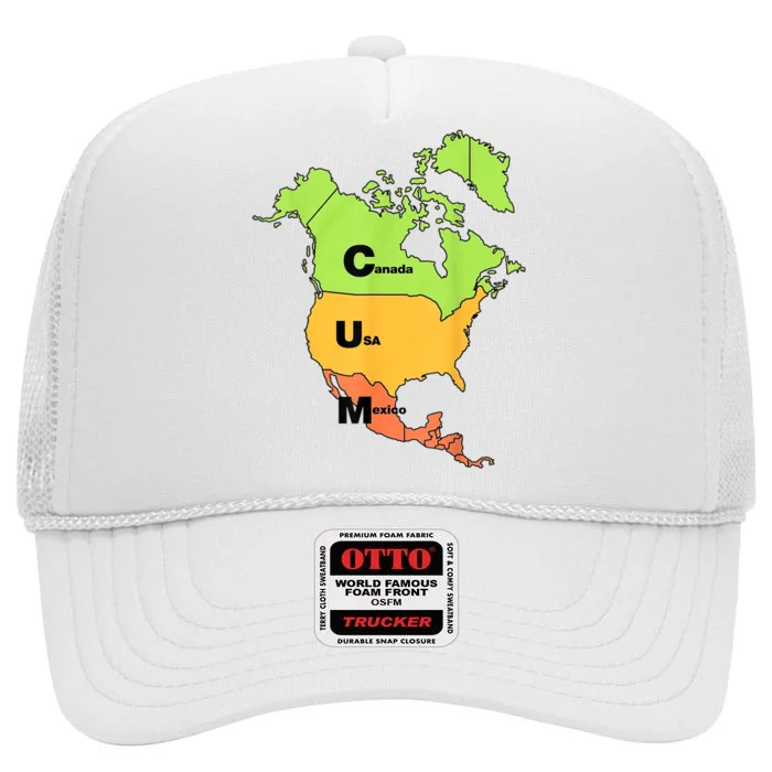 Cum Map Canada Usa And Mexico High Crown Mesh Trucker Hat