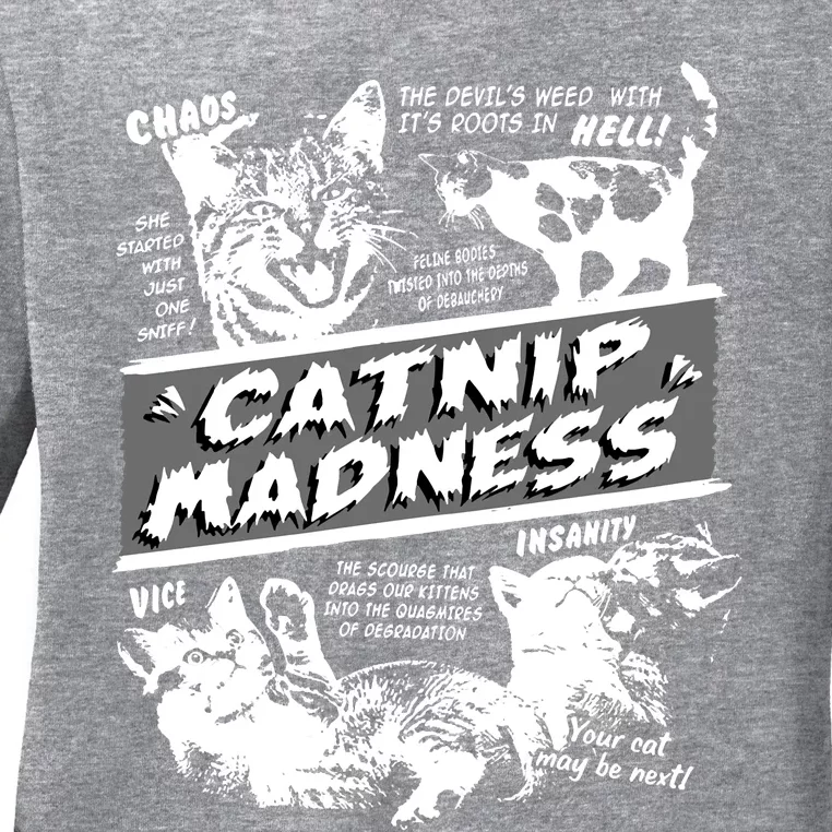 Catnip Madness Cute Kitten Funny Cat Pet Humor Ladies Long Sleeve Shirt