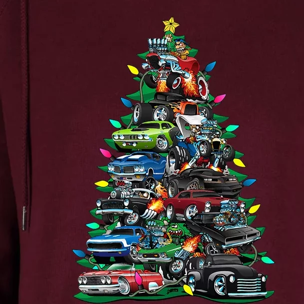 Car Madness Christmas Tree! Classic Muscle Cars And Hotrods Womens Funnel Neck Pullover Hood