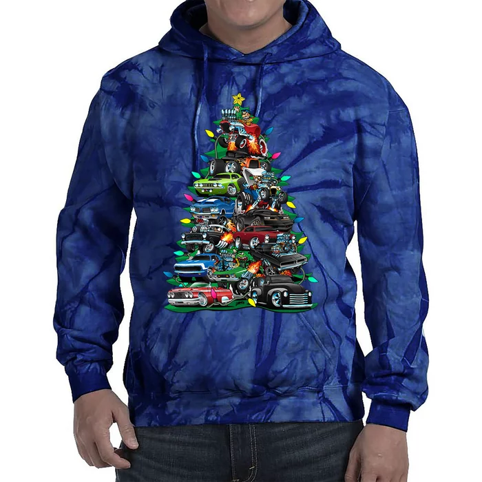 Car Madness Christmas Tree! Classic Muscle Cars And Hotrods Tie Dye Hoodie