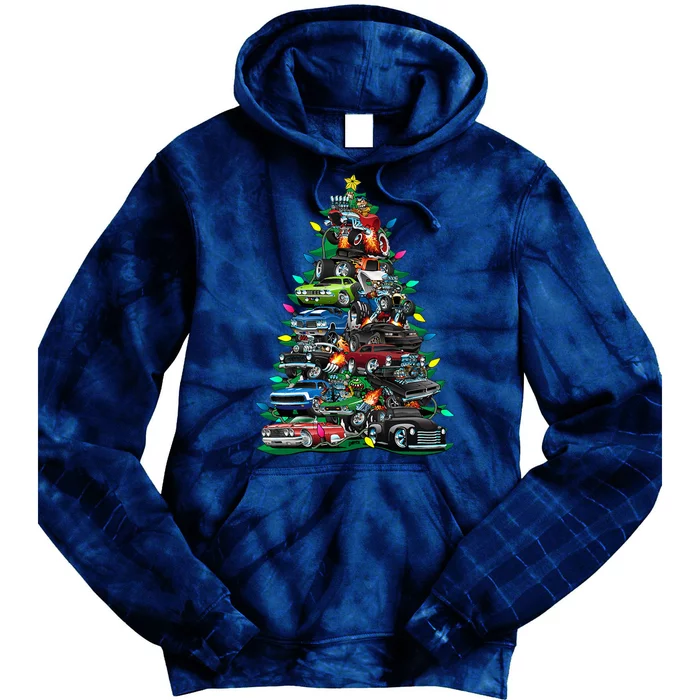 Car Madness Christmas Tree! Classic Muscle Cars And Hotrods Tie Dye Hoodie