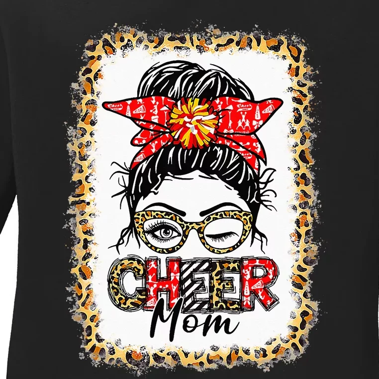 Cheer Mom Cheerleading Mama Messy Bun Leopard Bleached Ladies Long Sleeve Shirt