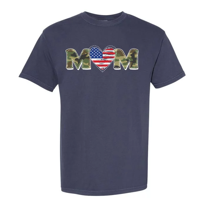 Cute Military Camouflage Mom American USA Flag Heart Garment-Dyed Heavyweight T-Shirt