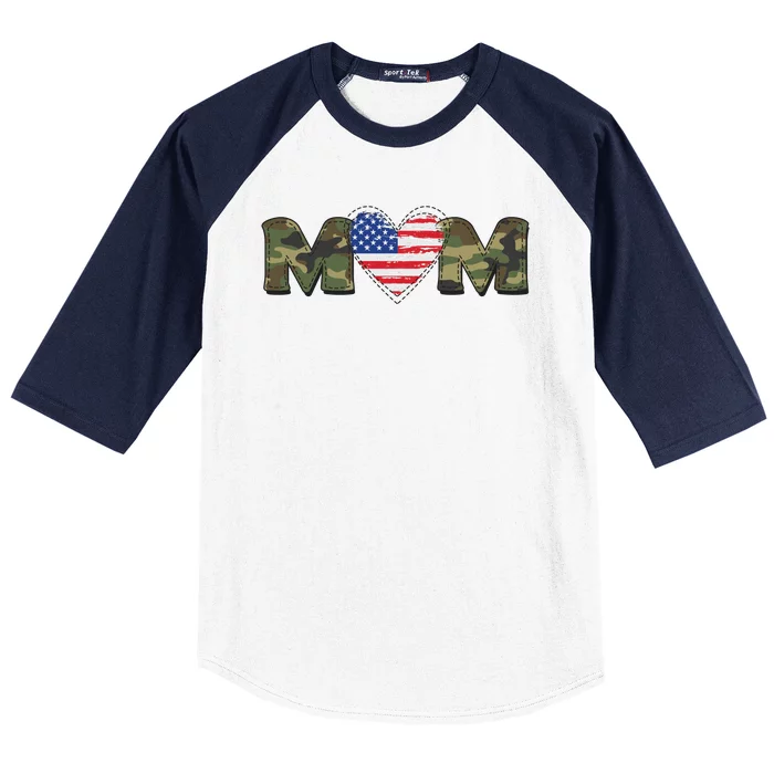 Cute Military Camouflage Mom American USA Flag Heart Baseball Sleeve Shirt