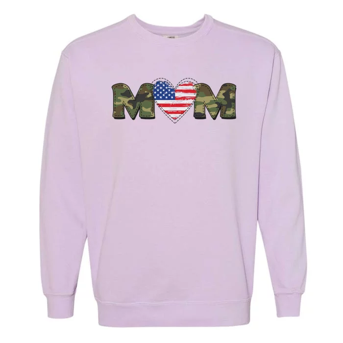 Cute Military Camouflage Mom American USA Flag Heart Garment-Dyed Sweatshirt