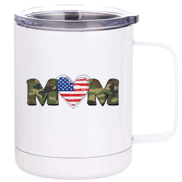 Cute Military Camouflage Mom American USA Flag Heart Front & Back 12oz Stainless Steel Tumbler Cup