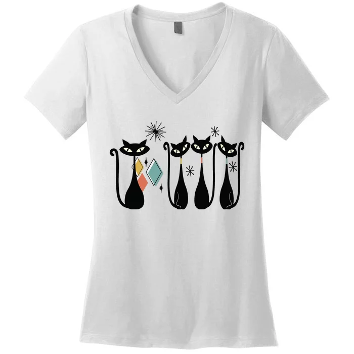 Cat Mid Century Cats 50s Cats Atomic Cats Women's V-Neck T-Shirt