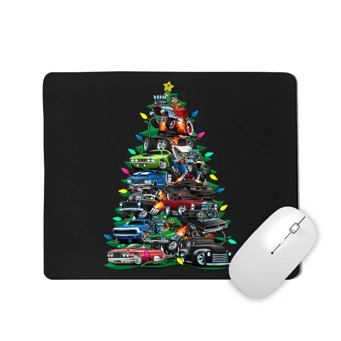 Car Madness Christmas Tree! Classic Muscle Cars And Hotrods Mousepad