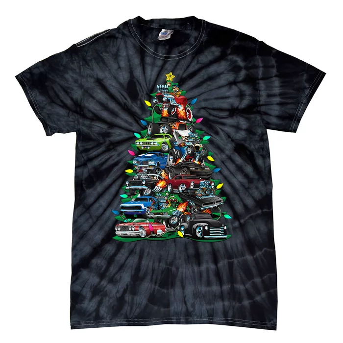 Car Madness Christmas Tree! Classic Muscle Cars And Hotrods Tie-Dye T-Shirt