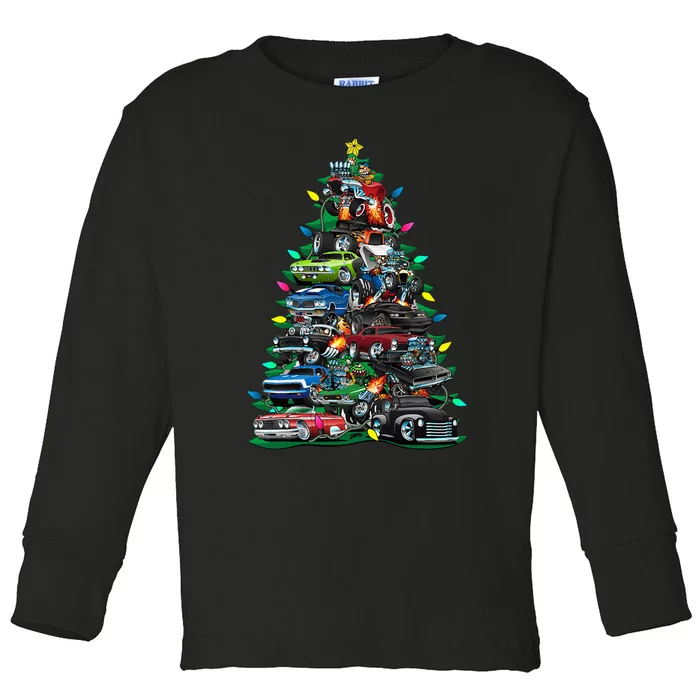 Car Madness Christmas Tree! Classic Muscle Cars And Hotrods Toddler Long Sleeve Shirt