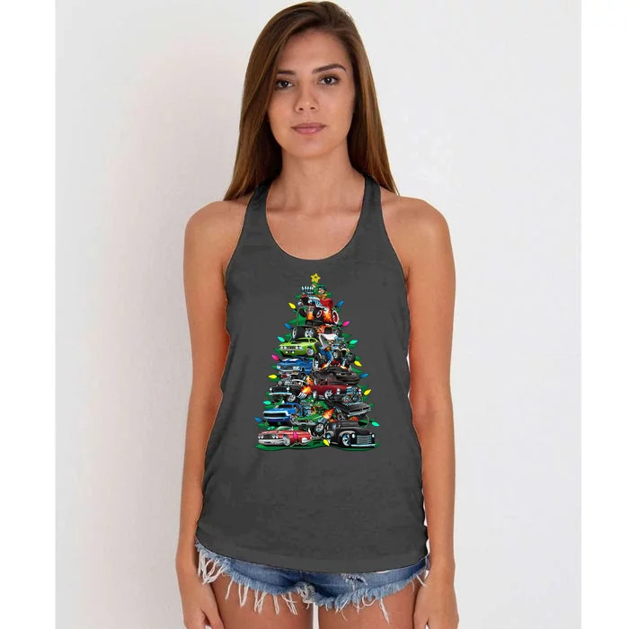 Car Madness Christmas Tree! Classic Muscle Cars And Hotrods Women's Knotted Racerback Tank