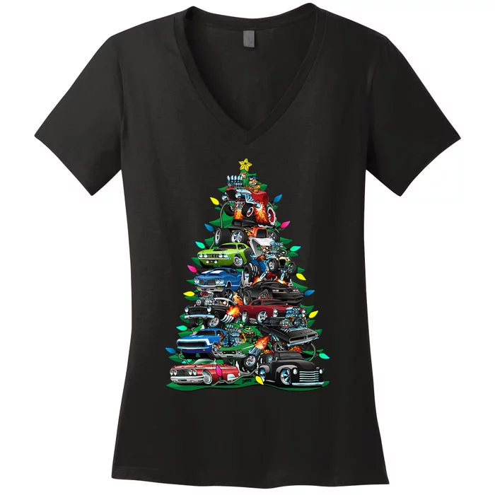 Car Madness Christmas Tree! Classic Muscle Cars And Hotrods Women's V-Neck T-Shirt