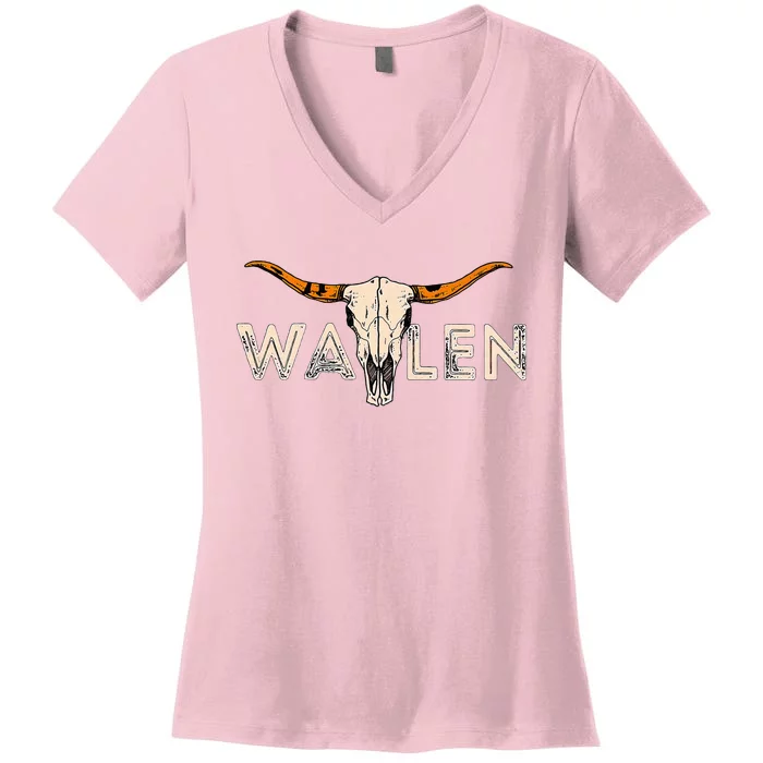 Country Music Cowgirl Bull Skull Women's V-Neck T-Shirt