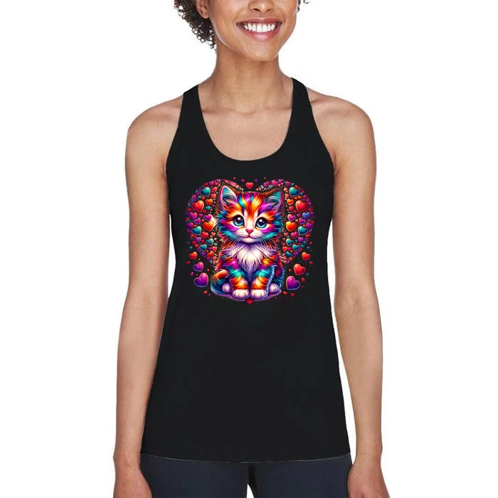 Cute Multicolor Cat Heart Valentines Day For Kitties Lovers Women's Racerback Tank