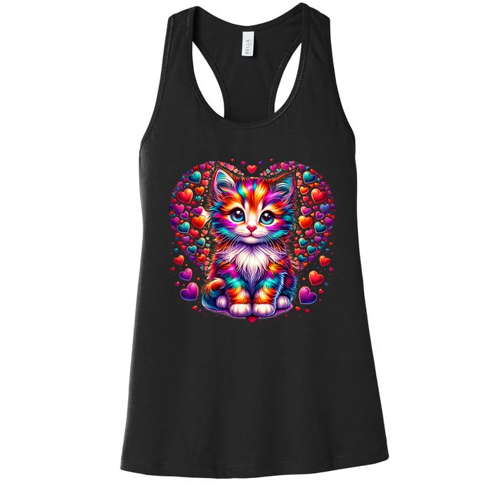 Cute Multicolor Cat Heart Valentines Day For Kitties Lovers Women's Racerback Tank