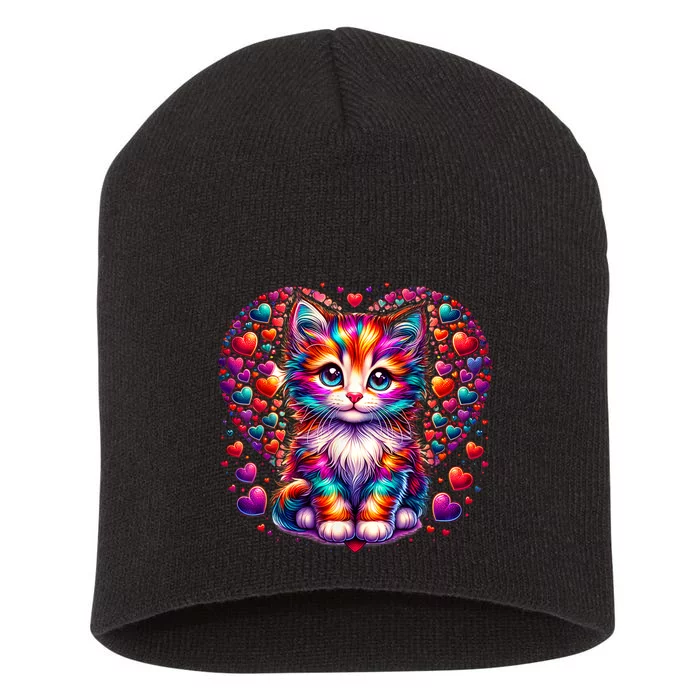 Cute Multicolor Cat Heart Valentines Day For Kitties Lovers Short Acrylic Beanie