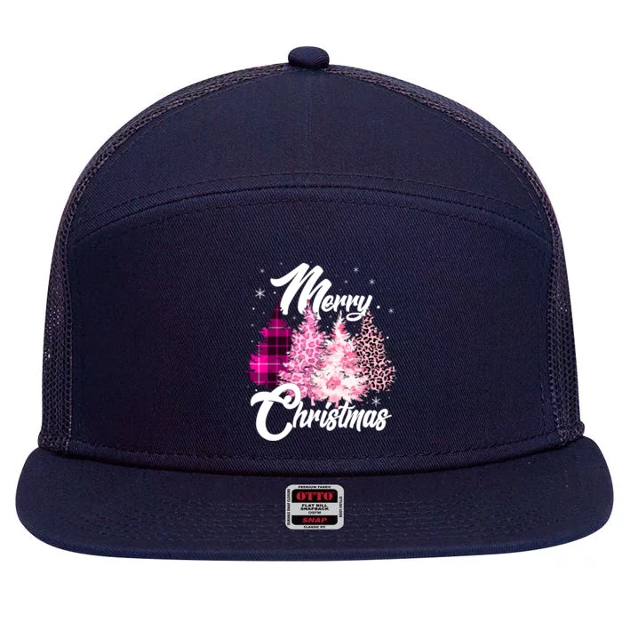 Cute Merry Christmas Pink Pattern Christmas Pine Trees 7 Panel Mesh Trucker Snapback Hat