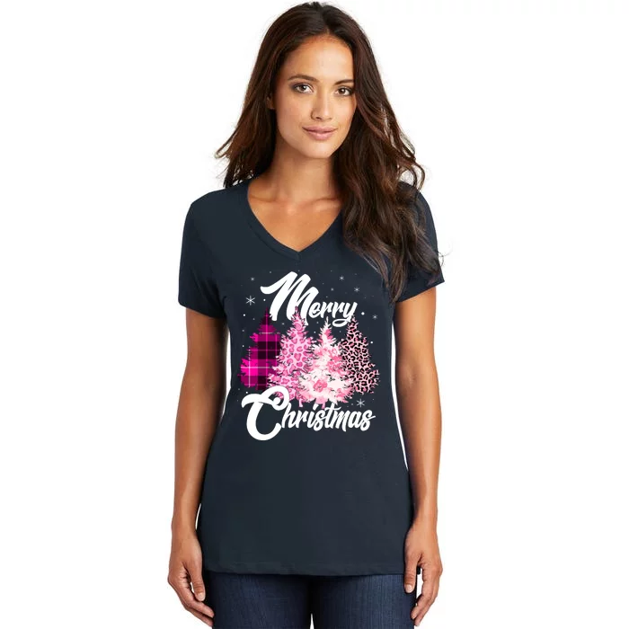 Cute Merry Christmas Pink Pattern Christmas Pine Trees Women's V-Neck T-Shirt