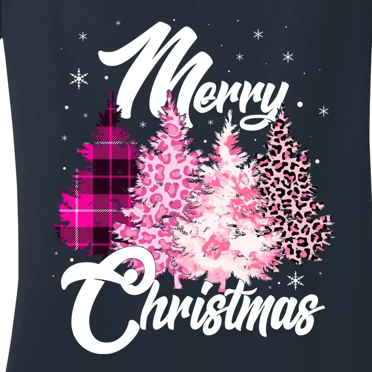 Cute Merry Christmas Pink Pattern Christmas Pine Trees Women's V-Neck T-Shirt