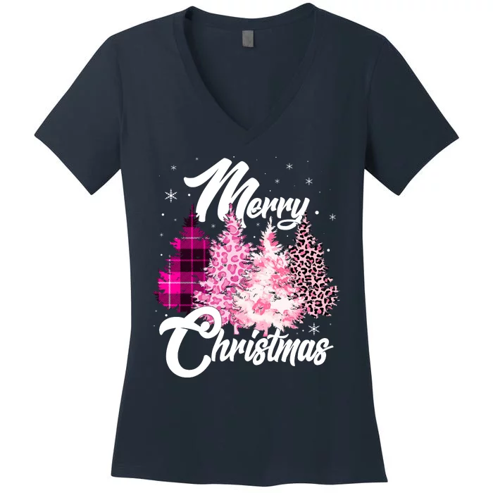 Cute Merry Christmas Pink Pattern Christmas Pine Trees Women's V-Neck T-Shirt