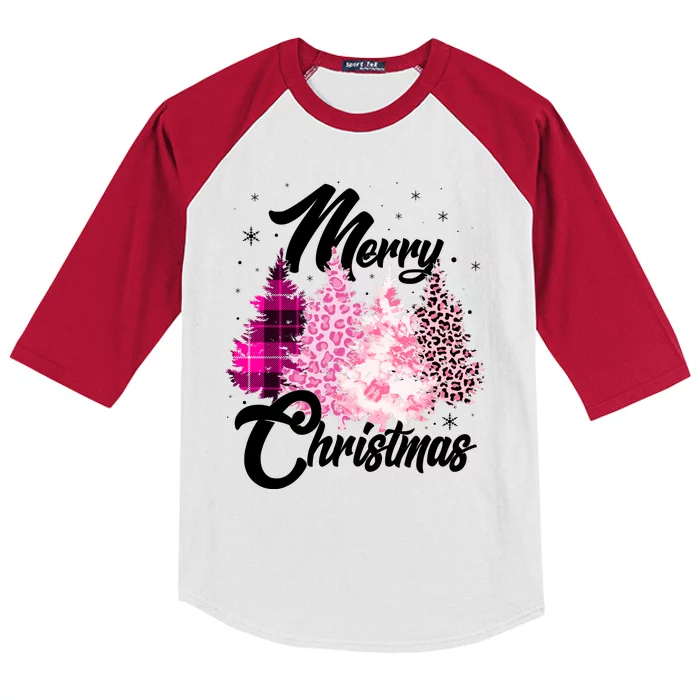 Cute Merry Christmas Pink Pattern Christmas Pine Trees Kids Colorblock Raglan Jersey