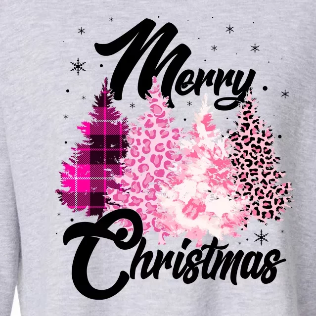 Cute Merry Christmas Pink Pattern Christmas Pine Trees Cropped Pullover Crew