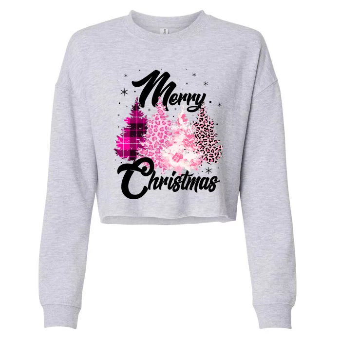 Cute Merry Christmas Pink Pattern Christmas Pine Trees Cropped Pullover Crew