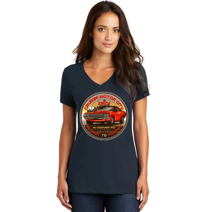 Cruisin Motor City Detroit To Pontiac 2024 Emblem Color Version Women's V-Neck T-Shirt