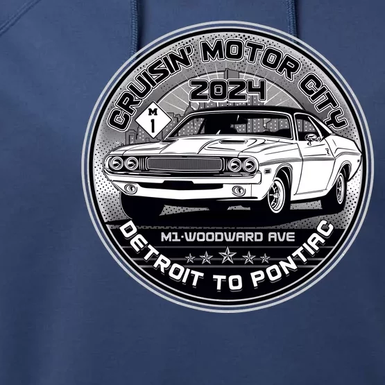 Cruisin Motor City Detroit To Pontiac 2024 Emblem Silver Version Performance Fleece Hoodie