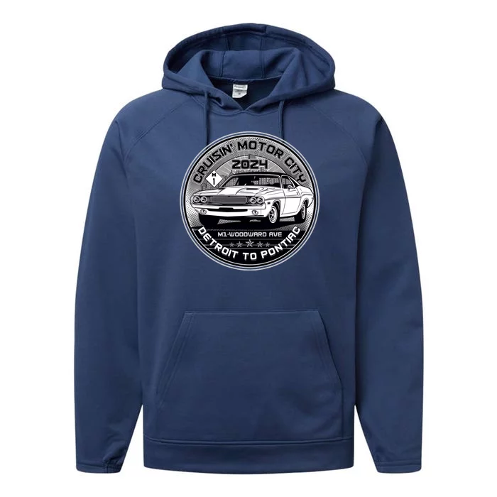 Cruisin Motor City Detroit To Pontiac 2024 Emblem Silver Version Performance Fleece Hoodie