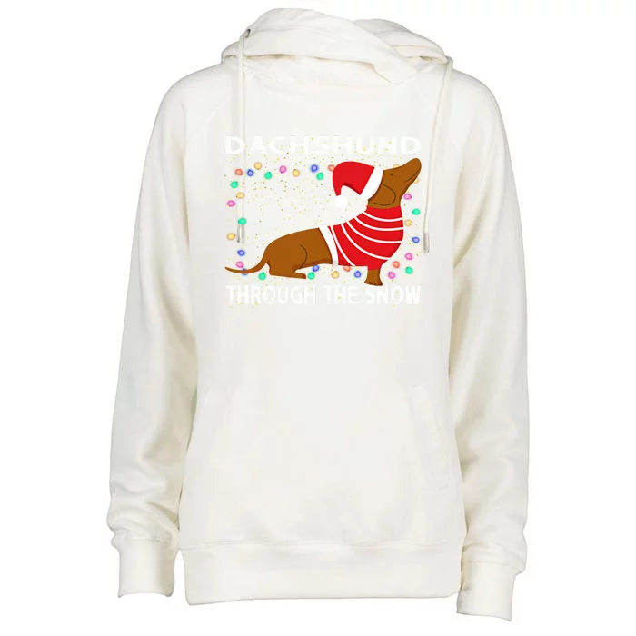 Cute Merry Christmas Dachshund Dog Through The Snow Funny Gift Womens Funnel Neck Pullover Hood