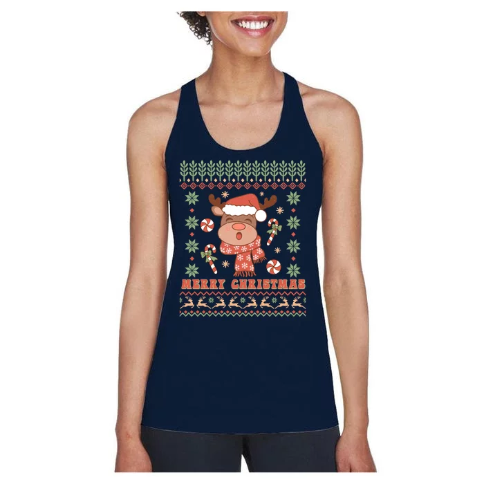 Cute Merry Christmas Reindeer With Hat Women's Racerback Tank