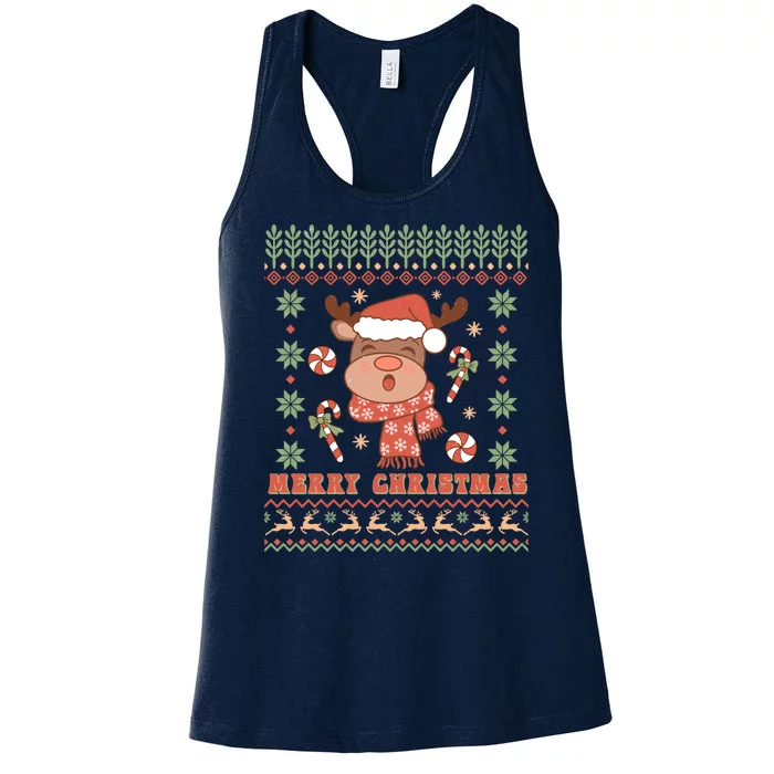 Cute Merry Christmas Reindeer With Hat Women's Racerback Tank