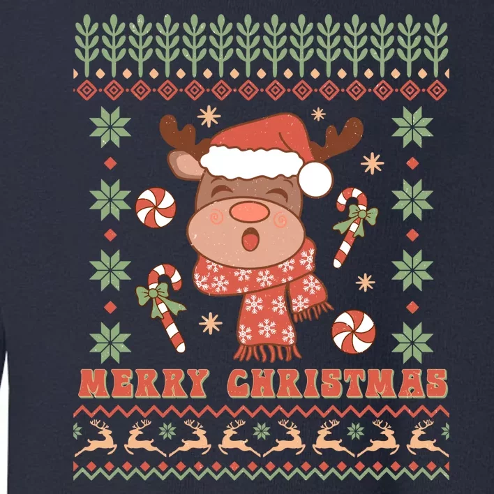 Cute Merry Christmas Reindeer With Hat Toddler Sweatshirt