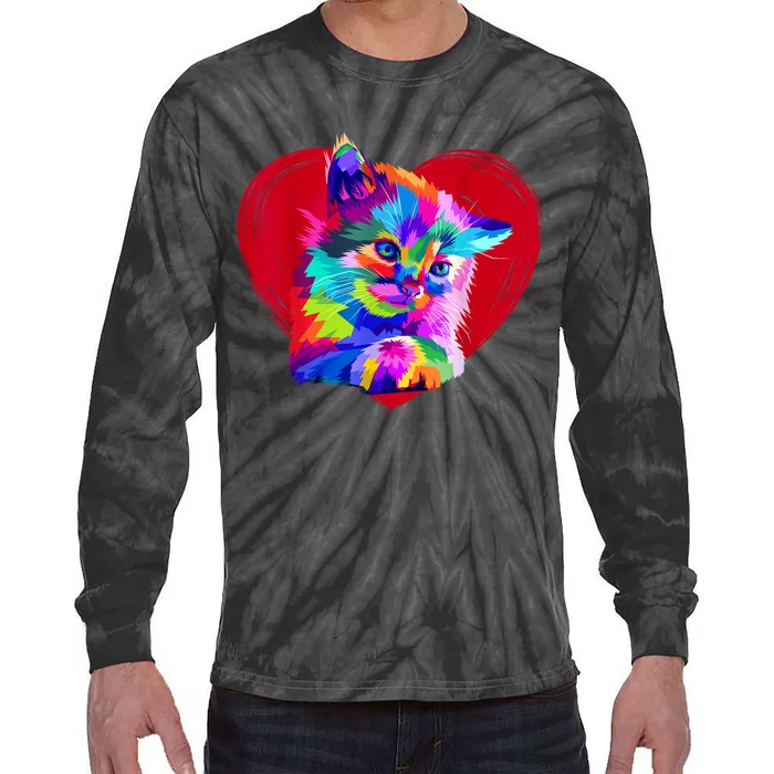 Cute Multicolor Cat Heart Valentines Day For Kitties Lovers Tie-Dye Long Sleeve Shirt